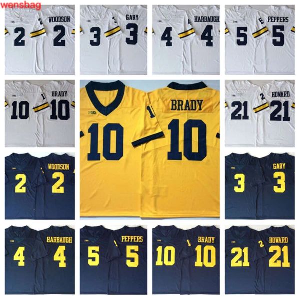 Maillots de football Wolverines Michigan en stock 2 Charles Woodson 3 Rashan Gary 4 Jim Harbaugh 5 Jabrill Peppers 10 Tom Brady 21 Desmond Howard High 1