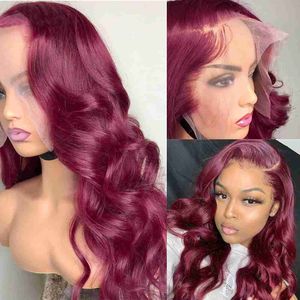 Vrouw 99J Body Wave Kant Pruiken 13X4 Zijscheiding Rood Bourgondië Kant Pruiken Synthetisch Midden T Deel Kant Pruiken Voor Vrouwen Lijmloze 180% Dichtheid 230524