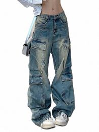 vrouw Amerikaanse stijl jeans Japanse Fi denim esthetiek broek coquette jaren 90 oude Mey Fi tuniek meerdere zakken losse S90F #