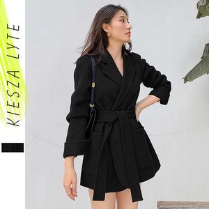 Frau Schwarz Wollblazer Bürodame Business Slim Gürtel England Stil Wolltuch Anzüge Jacke 210608