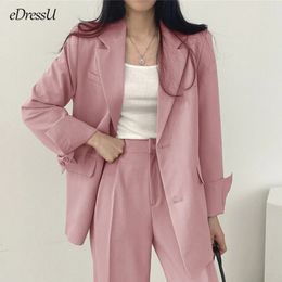 Femme Blazer veste pantalons longs pantalons femmes ensemble costumes roses bureau coréen deux pièces simple boutonnage vêtements d'affaires ZX828 240130