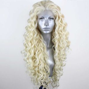 Vrouw Blonde Synthetische Lace Pruiken voor Vrouwen Kinky Krullend Pruik Natuurlijke Haarlijn Blonde Pruik Gratis Deel Cosplay Pruiken Hoge Temperatuur 230524