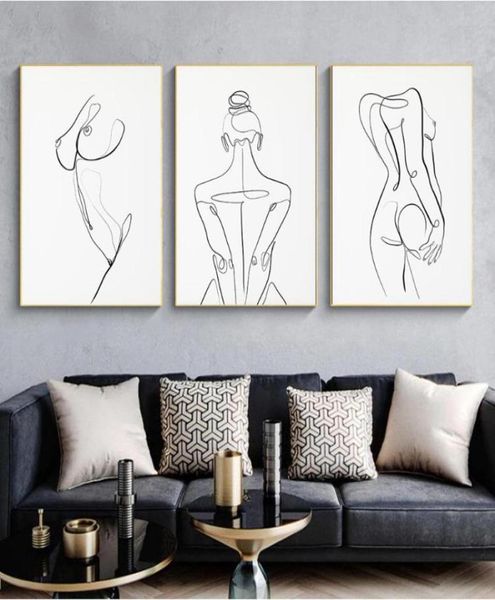 Cuerpo de mujer, dibujo de una línea, pintura en lienzo, figura femenina abstracta, impresiones artísticas, póster minimalista nórdico, decoración de pared del dormitorio, pintura 1566958