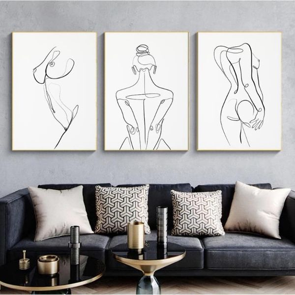 Cuerpo de mujer, dibujo de una línea, pintura en lienzo, figura femenina abstracta, impresiones artísticas, póster minimalista nórdico, decoración de pared del dormitorio, pintura 340t