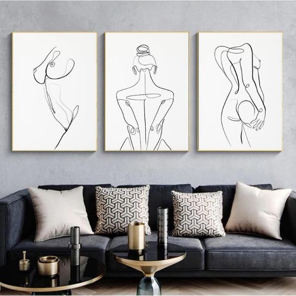 Cuerpo de mujer, dibujo de una línea, pintura en lienzo, figura femenina abstracta, impresiones artísticas, póster minimalista nórdico, decoración de pared del dormitorio, pintura 312I