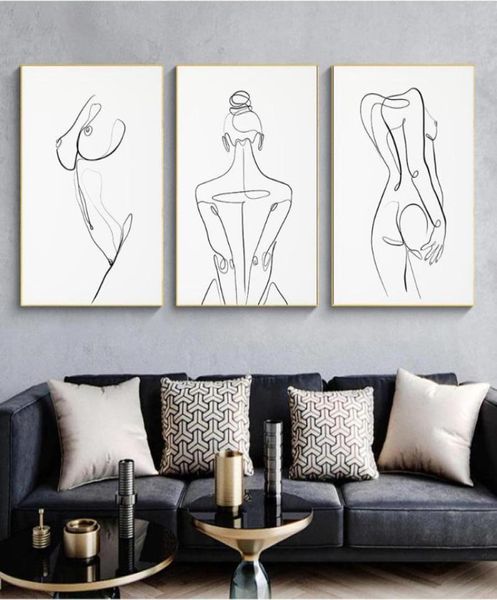 Mujer cuerpo de una línea Dibujo de dibujo de lona abstracta figura femenina impresiones de arte nórdico minimalista póster dormitorio decoración de pared pintura4488415