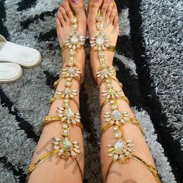 Femme bohême sandale bottes strass dame genou bottes minces talons aiguilles cristal robe chaussures d'été Sandalias K78