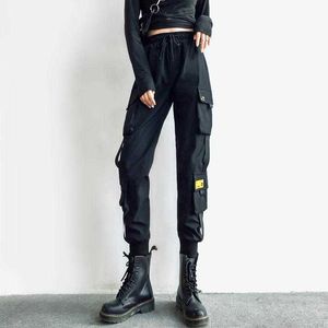Vrouw Cargo Pant Mode Gothic Punk Elastische Taille Broek Casual Losse Rechte Koreaanse Broeken met Ketting Streetwear Kleding Q0801