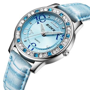 Vrouw Casual Lichtgevende Horloge Waterdichte Dames Sporthorloges Lederen Strap Blauw Rhinestone Dial Relogio Jurk Quartz Polshorloge