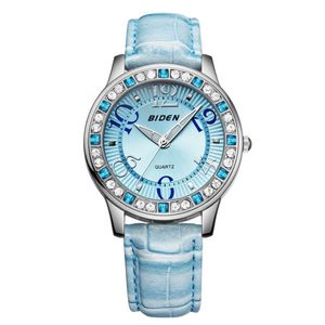 Femme décontracté montre lumineuse étanche dames montres de sport bracelet en cuir bleu strass cadran Relogio robe Quartz montre-bracelet275A