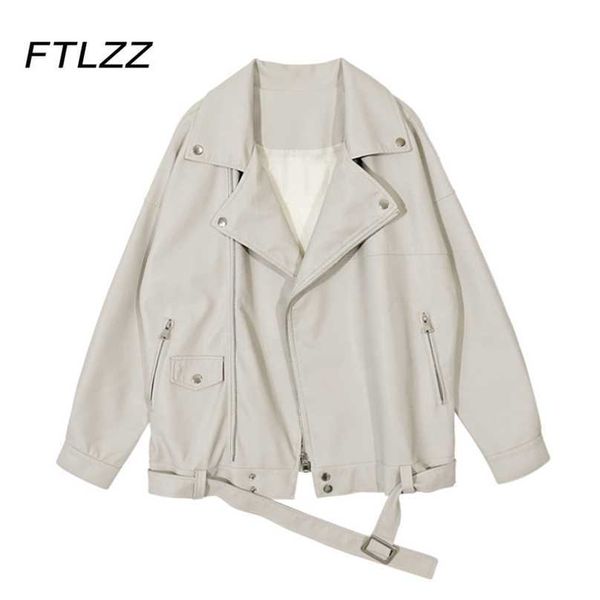 Chaqueta de cuero de gran tamaño informal para mujer, ropa de calle para primavera y otoño, abrigo blanco suelto con hombros descubiertos, prendas de vestir de motorista para mujer 210525