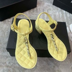 Sandalias de cadena para mujer, toboganes de cuero genuino, chanclas de tacón grueso de diseñador clásico, mulas amarillas, zapatillas Retro para mujer, alpargatas de goma para mujer, zapatos de playa 2022