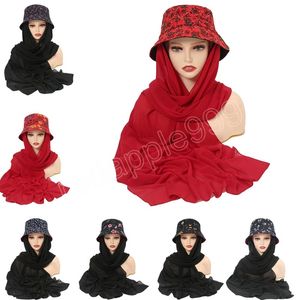 Hijabs de gasa para mujer con sombrero de cubo, gorras de pescador con estampado de verano con bufanda de gasa, sombreros Hijab musulmanes, pañuelo para la cabeza islámico a la moda