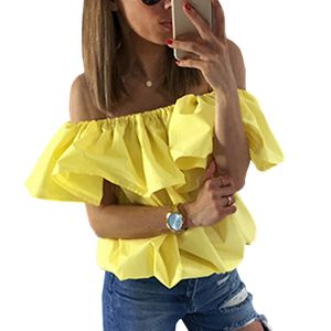 Vrouw chiffon shirt blouse 2017 zomer stijl ruche off shoulder top vrouw snoep kleur vlinder mouw wit shirt casual los