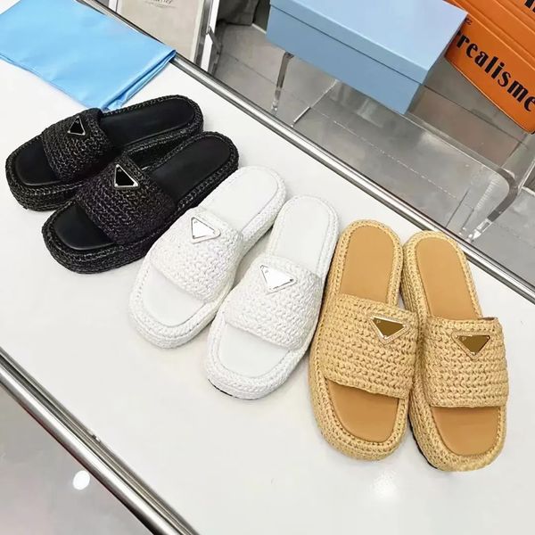 Femme Crochet Platform Slip-On Sandales Triangle Tazz Tazz Slipper Designer Shoe Mule Indoor Prad Sandal Summer Sandale Sliders Straw Luxury Pink Shoes Man Top Beach Slide