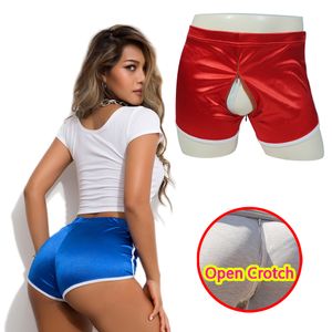 Femme sans entrejambe Mini pantalon érotique caché fermeture éclair Short ouvert entrejambe Sport culotte Couple butin adulte jeu de plein air Costume