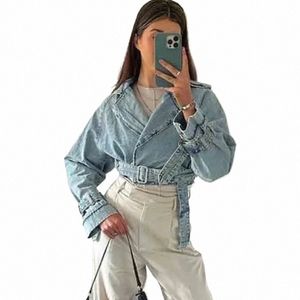 Veste en jean femme avec ceinture recadrée Jean pour femmes effilochées Streetwear femmes manches Lg haut court Fi Ne Bestbefree Modis 71jm #