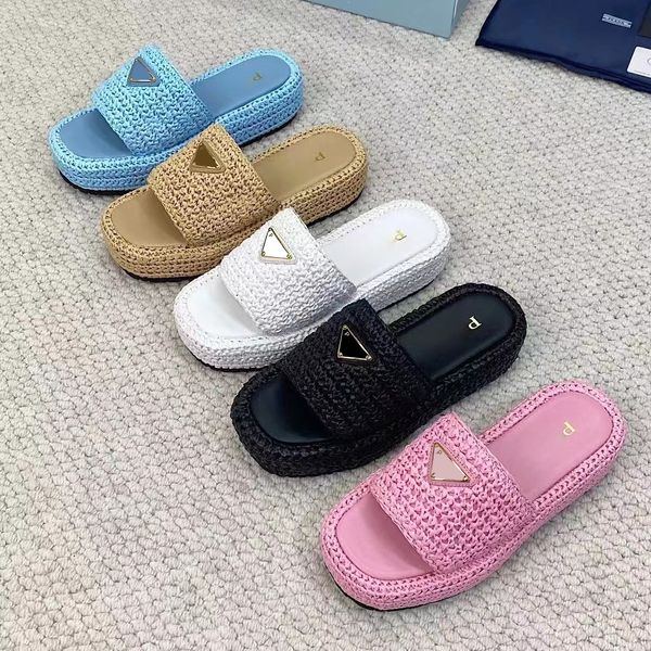 Mujer diseñador zapatilla para hombre sandalias diapositiva casa verano casa zapato mocasines triángulo paja crochet tacón plano plataformas zapatilla mula rafia tela hombres playa deslizadores