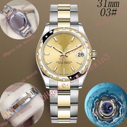 Vrouw Diamond Horloge Dames Horloges Goud 31mm Witte Yster Dial Wide Flat Strap Montre de Luxe 2813 Automatische Stalen Zwemmen Waterdichte Horloges