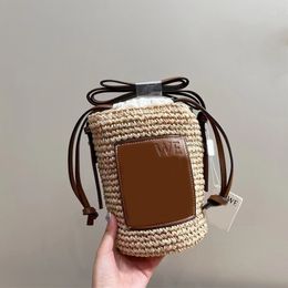 Femme cordon seau sac Mini paille fourre-tout sacs mode été peau de vache bandoulière sacs de plage armure épaule croix corps