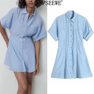 Vrouw Jurk Blauw Mini Shirt Dames Zomer Mode Button Up Korte Mouw Es Dames Casual ES 210519