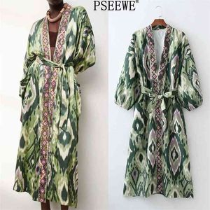 Vrouw jurk groen print midi kimono vrouwen zomer riem lange bladerdeeg mouw Japanse stijl wrap es 210519