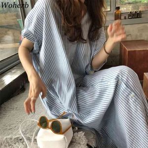 Mulher vestido coreano chique vintage vestidos mujer solto casual único breasted camisa vestidos batwing manga listrada robe 210519