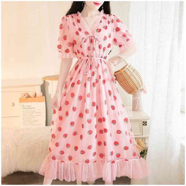 Robe femme Sexy col en V ceinture fraise estampage manches courtes fête robe mi-longueur fil net été vêtements pour femmes 210520