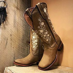 Vrouw Borduurlaarzen Milde Kuit Laarzen Vrouwelijke Casual Lage Hakken Laarzen Vintage West Cowboy Herfst Winter Leren Schoenen Dames H0906