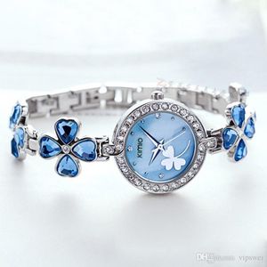 Femme mode trèfle robe montres Bracelets acier inoxydable couleur étudiant Bracelet bleu strass Quartz montre amoureux fille cadeau coquille cadran