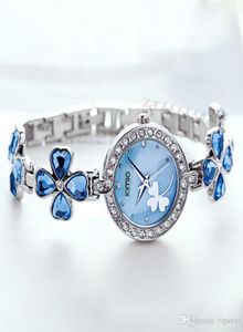 Femme Fashion Clover Robe Watches Bracelets en acier inoxydable Couleur étudiante Bracelet Blue Righestone Quartz Watch Lovers Girl Gift 2690725
