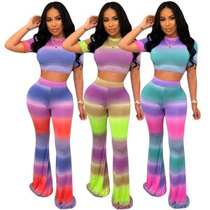 Vrouw Mode Trainingspak Korte Mouw Tie-Dye Print Shirt Casual Geleidelijke Verandering Top + Broek Leggings Pell-bodems 2-delige set outfits pak