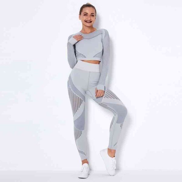 Femme Fitness Set Fashion Hollow Out Séchage rapide Sport T-shirts à manches longues Gym Crop Top + Pantalon de yoga Ropa Deportiva Mujer 210514