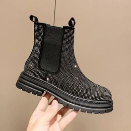 Vrouw Platte Laarzen Kristal Herfst Schoenen Ronde Neus Chelsea Laarzen-Dames Lage Strass Dames Rock Lolita Rubberen Enkel Basic S 231225