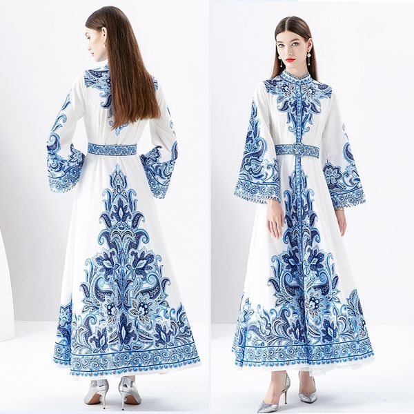 Femme Floral Party Bleu Boho Maxi Robe Robe Flare Manches Col Montant Slim Taille Haute Vintage Élégant Robes De Vacances 2023 Printemps Automne Piste Designer Mode Robes