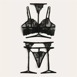 Femme fleur dentelle armatures jarretière et string sexy sous-vêtements ultra-minces soutien-gorge transparent ensemble broderie lingerie brassière 201028