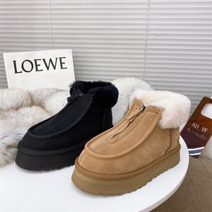 Femme fourrure neige botte plate-forme Mini australie bottes Designer femmes avant fermeture éclair laine cuir véritable fond épais australien chaussons châtaigne