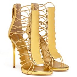 Vrouw Gold Gladiator Sexy Toe Peep Blue Sandals Strappy High Heel Dames Zomer rug Zipper Stiletto Pole Dancing Shoes Maat 43 771