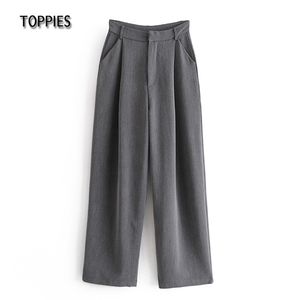 Vrouw grijs pak broek hoge taille brede been vrouwelijke elegante volledige lengte broek casual streetwear 210421