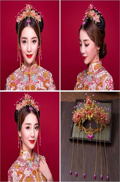 Femme coiffure cheveux Lomen costume mariée coiffure rose frangé rétro chinois couronne Xiuhe vêtements accessoires 62108011224594