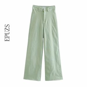 Vrouw High Taille Jeans Vintage Casual Zipper losse volledige lengte breedbeen denim broek vrouwelijke herfst groen streetwear 210521