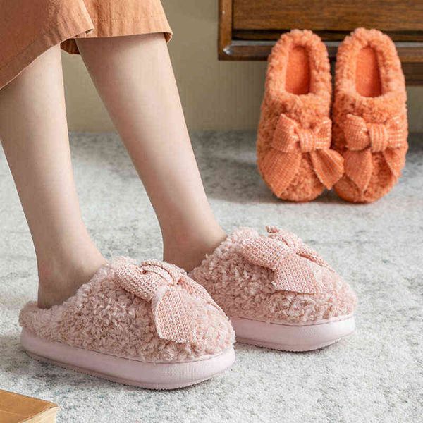 Femme Maison Coton Pantoufles Hiver Semelles Épaisses Avec Des Bordures Gâteau Plate-Forme Étanche Peu Profonde En Peluche Arc Chaud Baotou Lune Maman Chaussures J220716