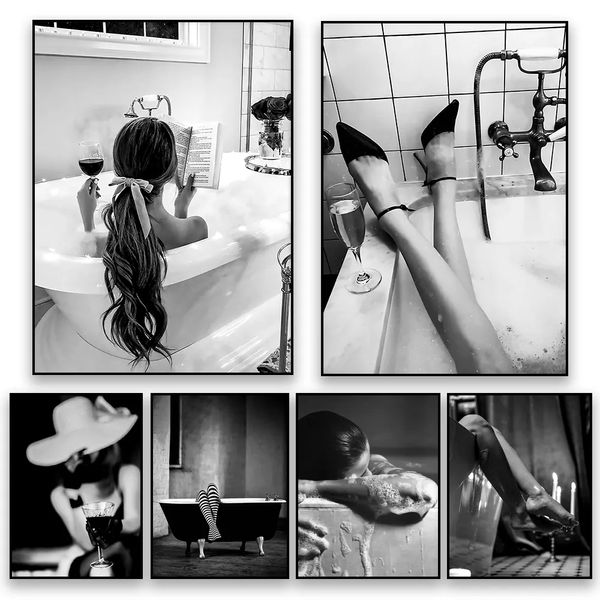 Femme dans la baignoire impression noir et blanc salle de bain scène toile peinture filles Vintage affiche mur Art toilette mode décoration w06
