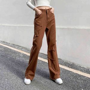 Vrouw jeans flare hoge taille jeans koffie denim streetwear vintage kwaliteit mode harajuku rechte broek 210524