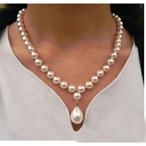 Bijou femme collier 8mm perle ronde blanc brillant PERLE DE COQUILLAGE DU SUD naturel 12mm pendentif COLLIER 18'' 45cm 220214