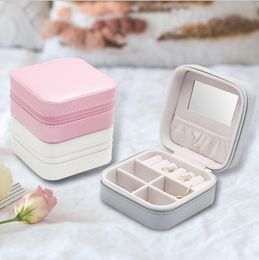 Vrouw Sieraden Opbergdoos Vierkante Rits Make-up Organisator Met Mrror Lederen Ring Kettingen Opbergkoffers Sieraden Doos Gift Huishoudartikelen LSK1207