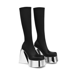 Vrouw Knie Schoenen Op Platform Gothic Hoge Hakken Punk Stijl Nieuwe Rock Herfst Winter Dikke Pompen Plus Size Voor Meisjes party Schoenen 35-43