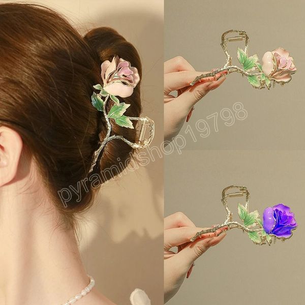 Femme Grand Métal Rose Floral Feuille Cheveux Griffe Crabe Dames Barrettes Hairgrip Filles Pinces À Cheveux Épingles À Cheveux Chapeaux Ornements Élégants