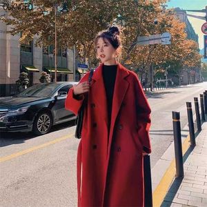 Vrouw lange jas zwart rood koreaans retro losse wol jas riem wollen windjack oversize mode herfst vrouwen dikke jas 3XL 211104