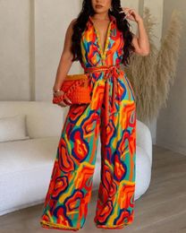 Femme longues combinaisons élégant multicolore imprimé abstrait jambe large combinaison mode décontracté une pièce tenues féminines 240313